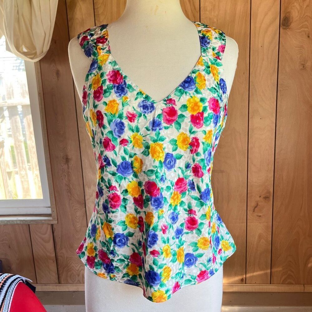 VTG Floral Sleeveless Tank Top Wide Strap V-Neck Romantic Cottagecore L